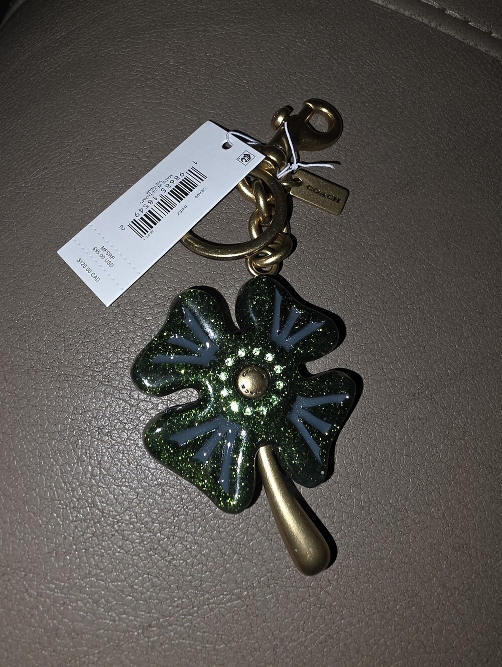 Coach Green Sparkle Four-Leaf Clover Keyring with Gold Hardware - Picture 3 of 5